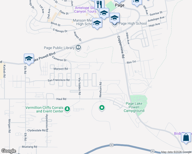 map of restaurants, bars, coffee shops, grocery stores, and more near 83 Maverick Street in Page