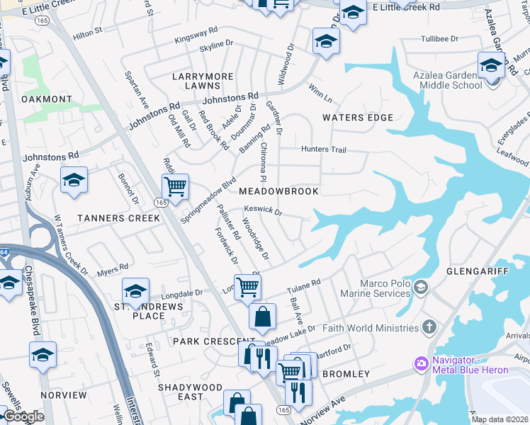 map of restaurants, bars, coffee shops, grocery stores, and more near 6835 Meadowlawn Drive in Norfolk
