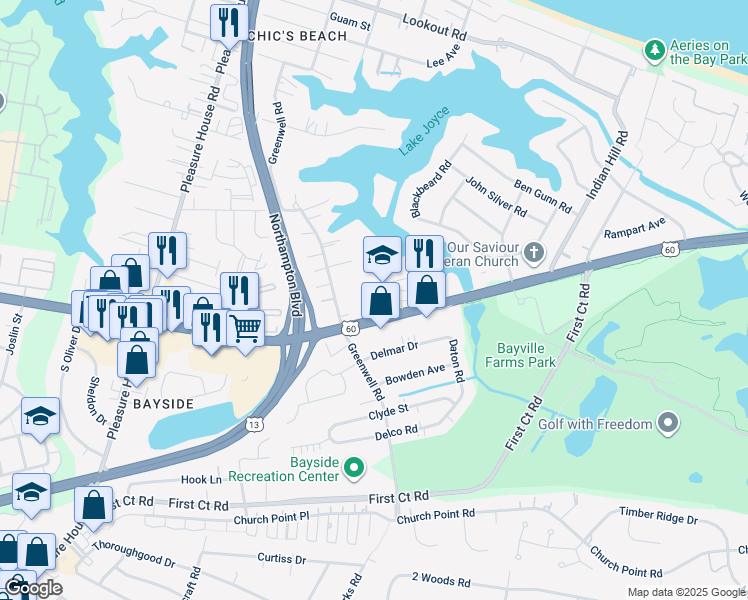 map of restaurants, bars, coffee shops, grocery stores, and more near 2212 Vantage Point in Virginia Beach