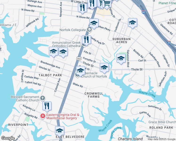 map of restaurants, bars, coffee shops, grocery stores, and more near 151 Seekel Street in Norfolk