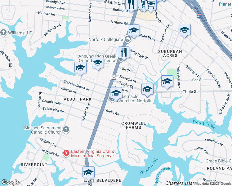 map of restaurants, bars, coffee shops, grocery stores, and more near 134 Filbert Street in Norfolk