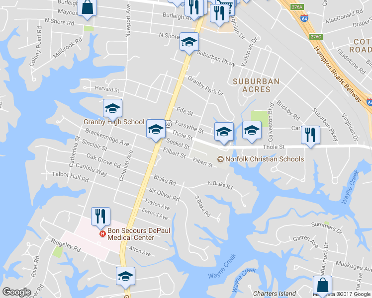 map of restaurants, bars, coffee shops, grocery stores, and more near 151 Seekel Street in Norfolk
