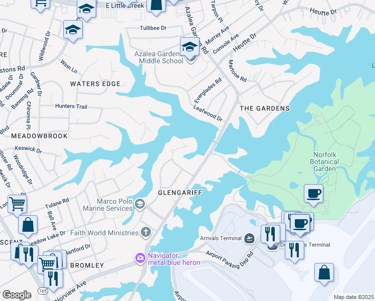 map of restaurants, bars, coffee shops, grocery stores, and more near 2104 Hollybriar Point in Norfolk