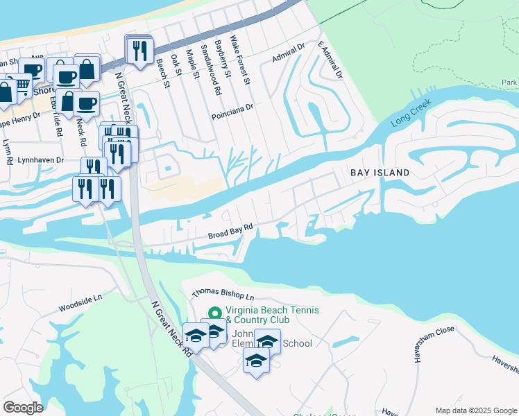 map of restaurants, bars, coffee shops, grocery stores, and more near 2628 Broad Bay Road in Virginia Beach