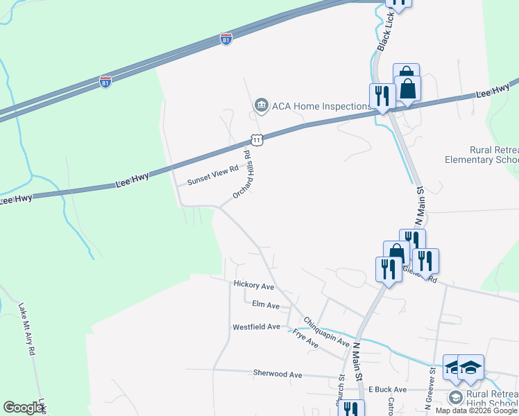 map of restaurants, bars, coffee shops, grocery stores, and more near Chinquapin Avenue in Rural Retreat