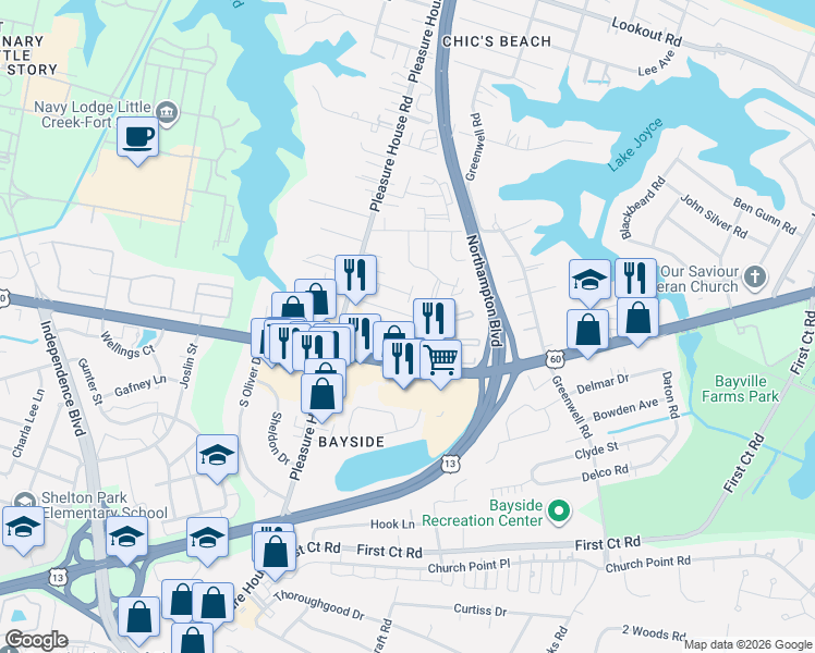 map of restaurants, bars, coffee shops, grocery stores, and more near 2211 Westsail Lane in Virginia Beach