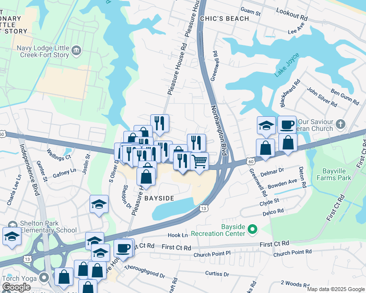 map of restaurants, bars, coffee shops, grocery stores, and more near 4740 Beach Bay Court in Virginia Beach