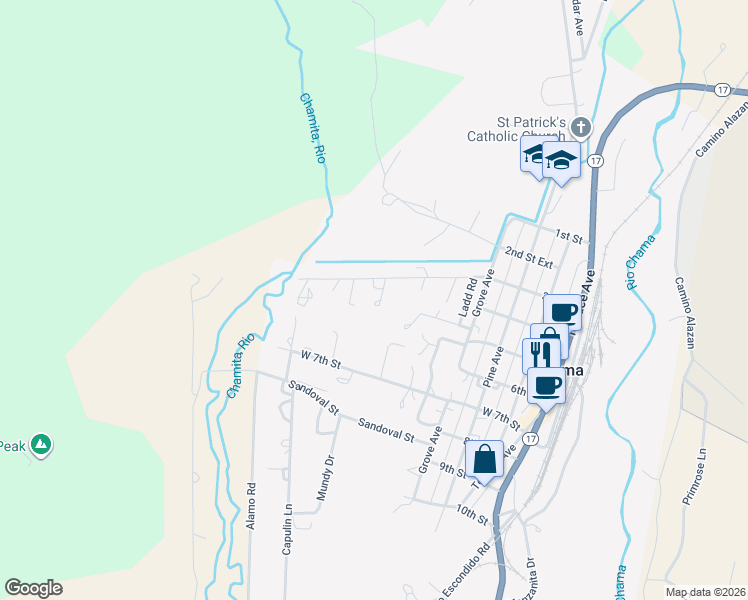 map of restaurants, bars, coffee shops, grocery stores, and more near 608 3rd Street in Chama