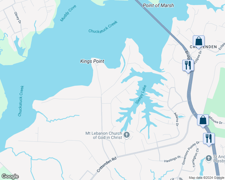 map of restaurants, bars, coffee shops, grocery stores, and more near 1604 Moores Point Road in Suffolk