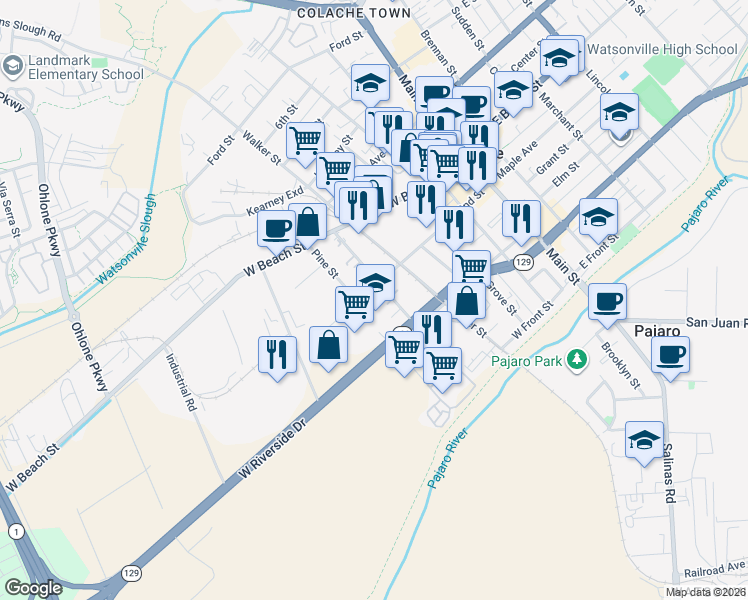 map of restaurants, bars, coffee shops, grocery stores, and more near 260 West Riverside Drive in Watsonville