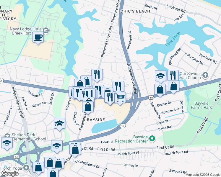 map of restaurants, bars, coffee shops, grocery stores, and more near 2211 Westsail Lane in Virginia Beach