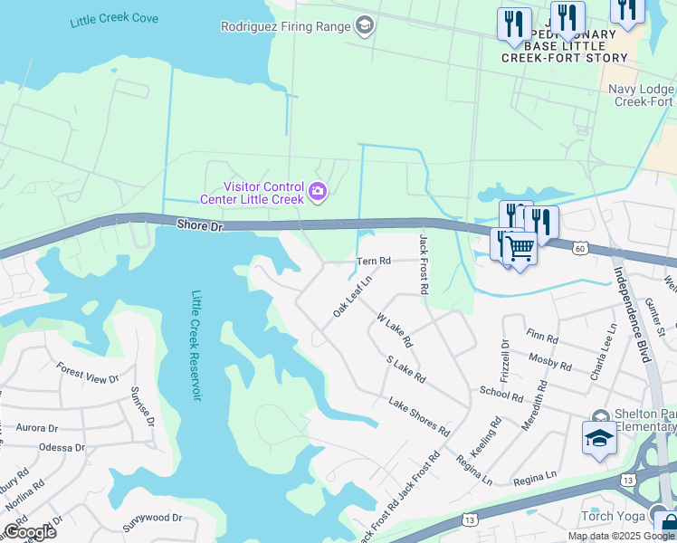 map of restaurants, bars, coffee shops, grocery stores, and more near 2021 Oak Leaf Lane in Virginia Beach