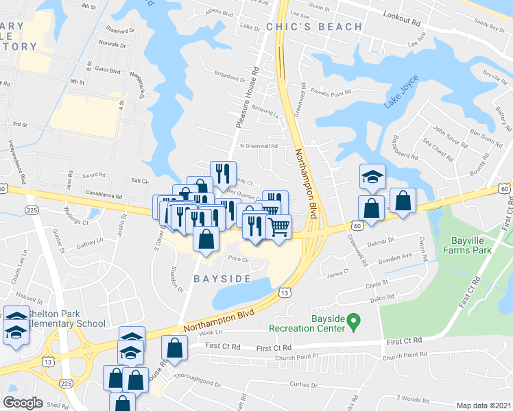 map of restaurants, bars, coffee shops, grocery stores, and more near 4740 Beach Bay Court in Virginia Beach