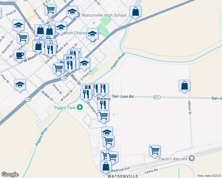 map of restaurants, bars, coffee shops, grocery stores, and more near 17 Gonda Street in Pajaro
