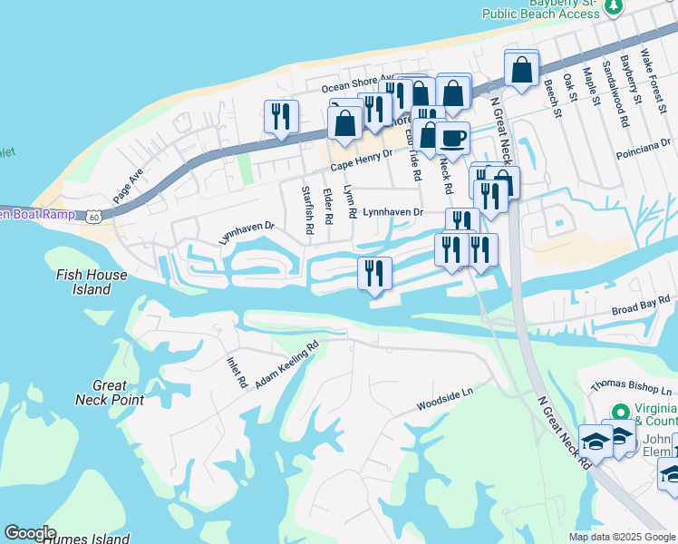 map of restaurants, bars, coffee shops, grocery stores, and more near 2949 Breezy Road in Virginia Beach