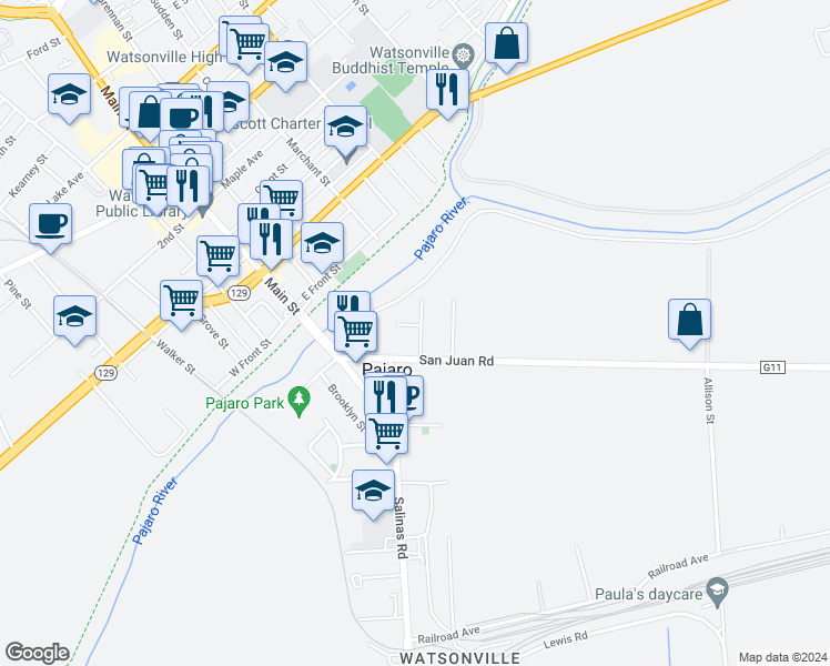map of restaurants, bars, coffee shops, grocery stores, and more near 17 Gonda Street in Pajaro