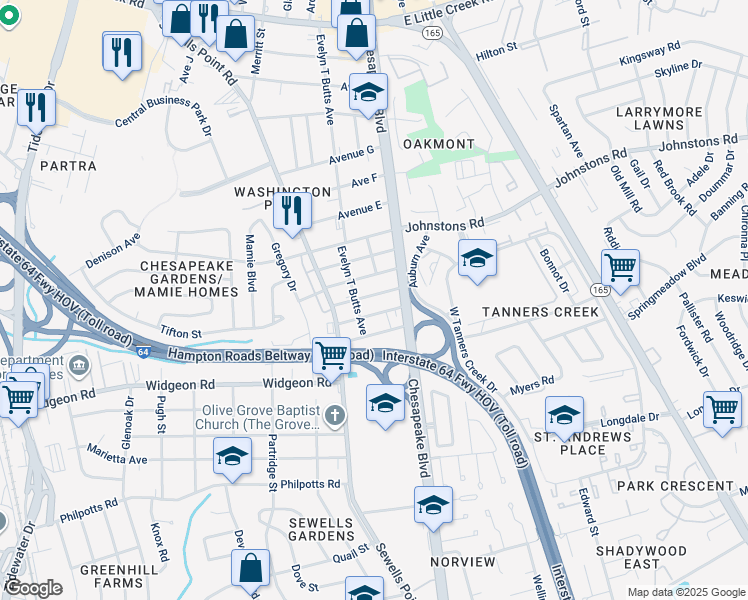 map of restaurants, bars, coffee shops, grocery stores, and more near 1075 Clements Avenue in Norfolk