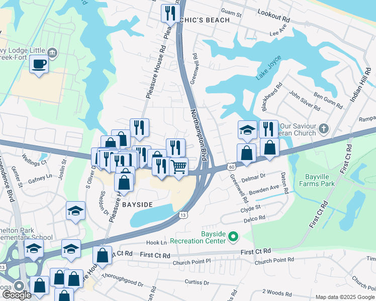map of restaurants, bars, coffee shops, grocery stores, and more near 4605 Galeforce Court in Virginia Beach