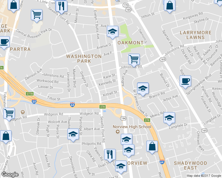 map of restaurants, bars, coffee shops, grocery stores, and more near 1075 Clements Avenue in Norfolk