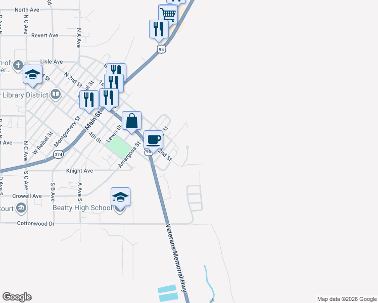 map of restaurants, bars, coffee shops, grocery stores, and more near 100 West Spruce Street in Beatty