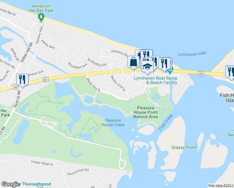 map of restaurants, bars, coffee shops, grocery stores, and more near 2114 Whispering Sand Lane in Virginia Beach