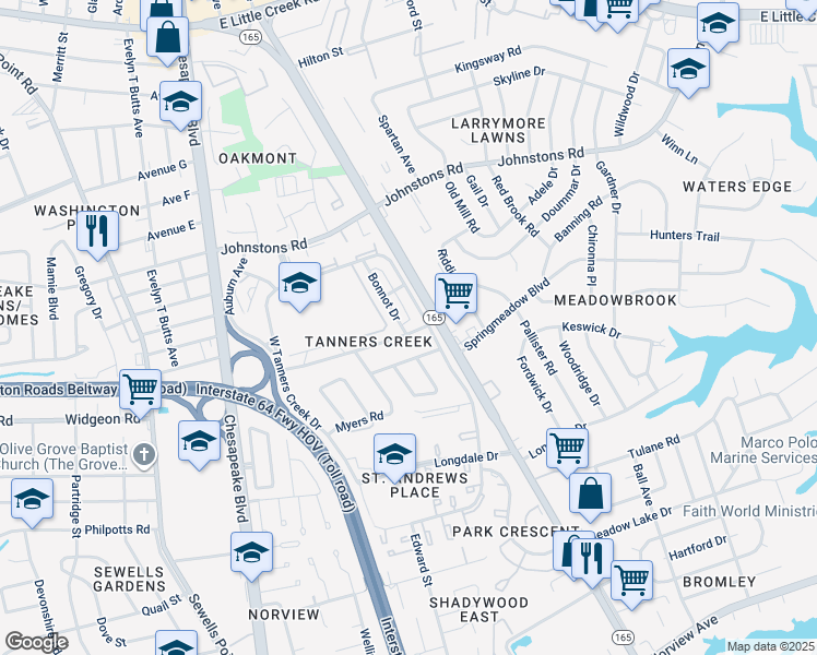 map of restaurants, bars, coffee shops, grocery stores, and more near 1378 Branch Road in Norfolk