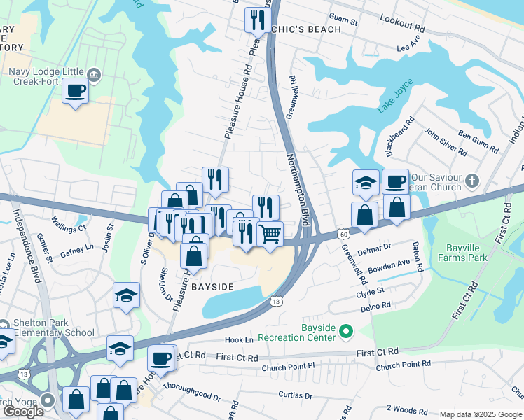 map of restaurants, bars, coffee shops, grocery stores, and more near 4608 Islander Court in Virginia Beach