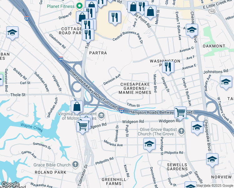 map of restaurants, bars, coffee shops, grocery stores, and more near 833 Workwood Road in Norfolk