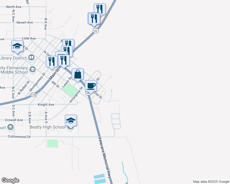 map of restaurants, bars, coffee shops, grocery stores, and more near 100 West Spruce Street in Beatty