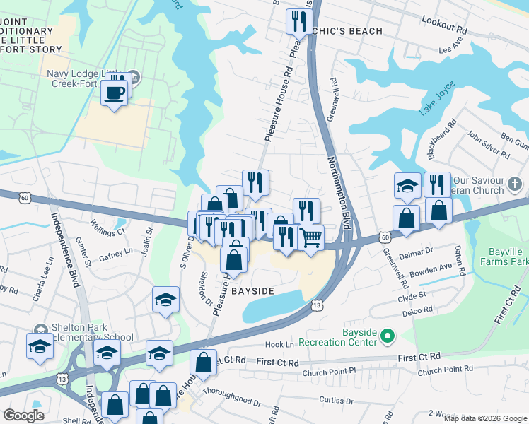 map of restaurants, bars, coffee shops, grocery stores, and more near 4735 Bay Quarter Court in Virginia Beach