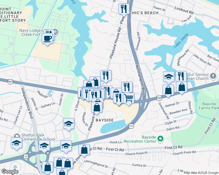 map of restaurants, bars, coffee shops, grocery stores, and more near 4735 Bay Quarter Court in Virginia Beach