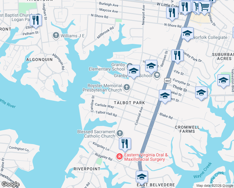 map of restaurants, bars, coffee shops, grocery stores, and more near 415 Brackenridge Avenue in Norfolk