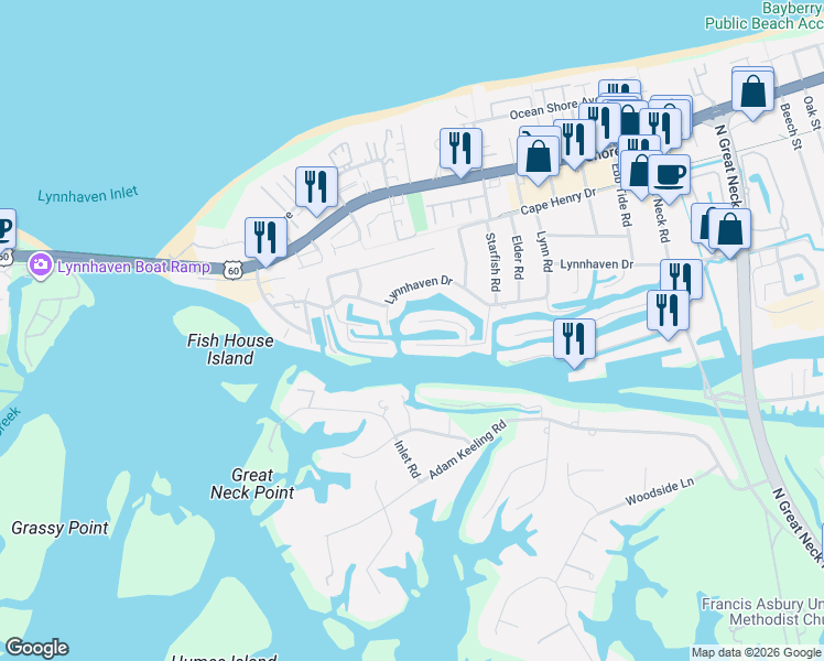 map of restaurants, bars, coffee shops, grocery stores, and more near 3124 Basin Court in Virginia Beach