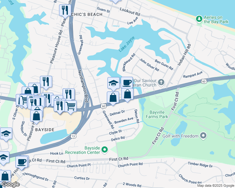map of restaurants, bars, coffee shops, grocery stores, and more near 4444 Shore Drive in Virginia Beach
