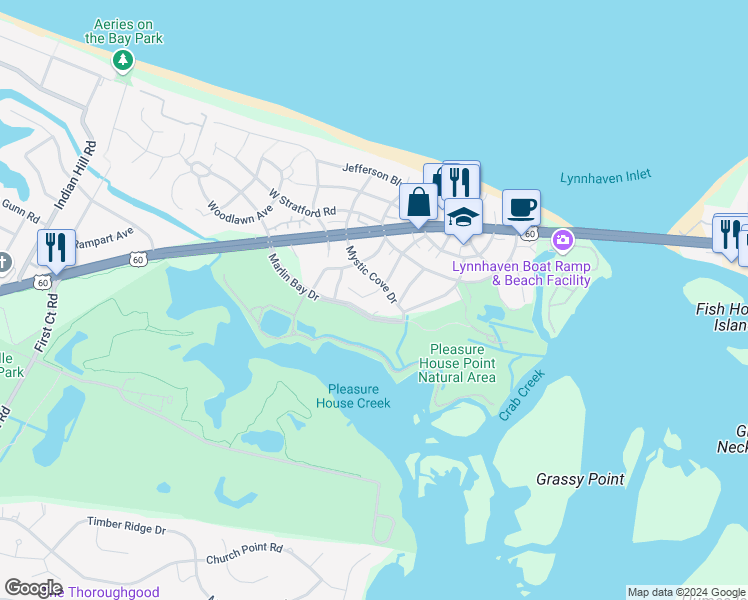 map of restaurants, bars, coffee shops, grocery stores, and more near 3805 Mystic Cove Court in Virginia Beach