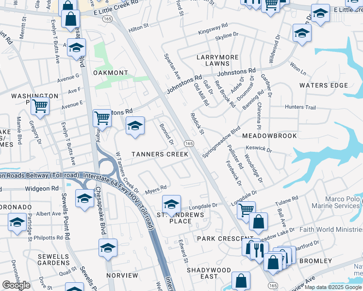 map of restaurants, bars, coffee shops, grocery stores, and more near 6903 East Tanners Creek Drive in Norfolk