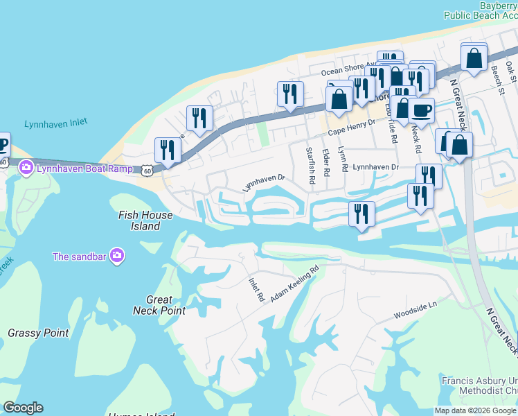map of restaurants, bars, coffee shops, grocery stores, and more near 3124 Basin Court in Virginia Beach