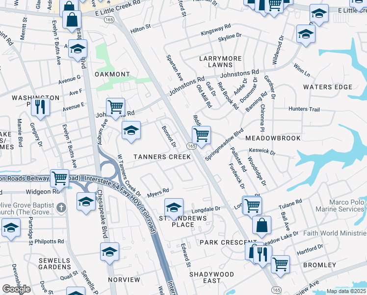 map of restaurants, bars, coffee shops, grocery stores, and more near 6926 Bonnot Drive in Norfolk