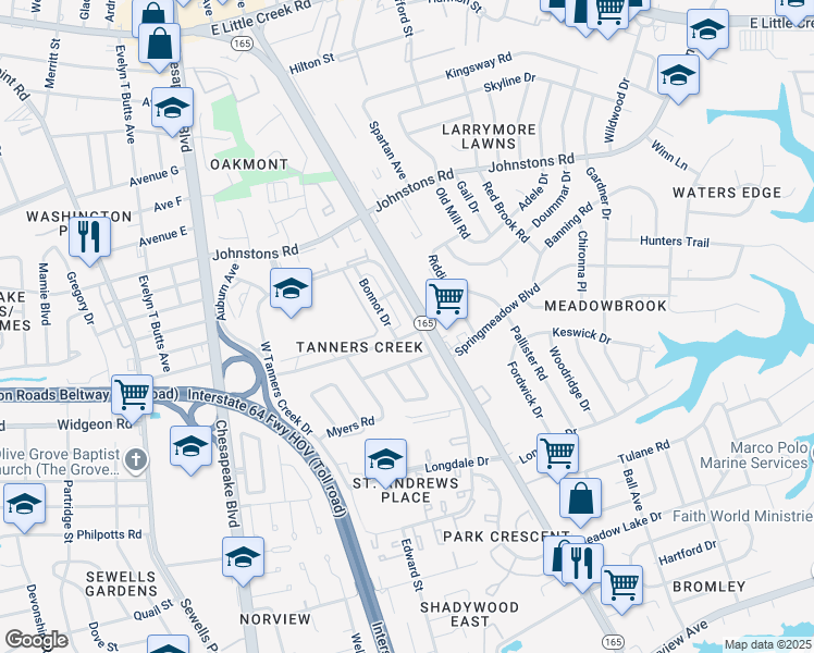 map of restaurants, bars, coffee shops, grocery stores, and more near 6903 East Tanners Creek Drive in Norfolk