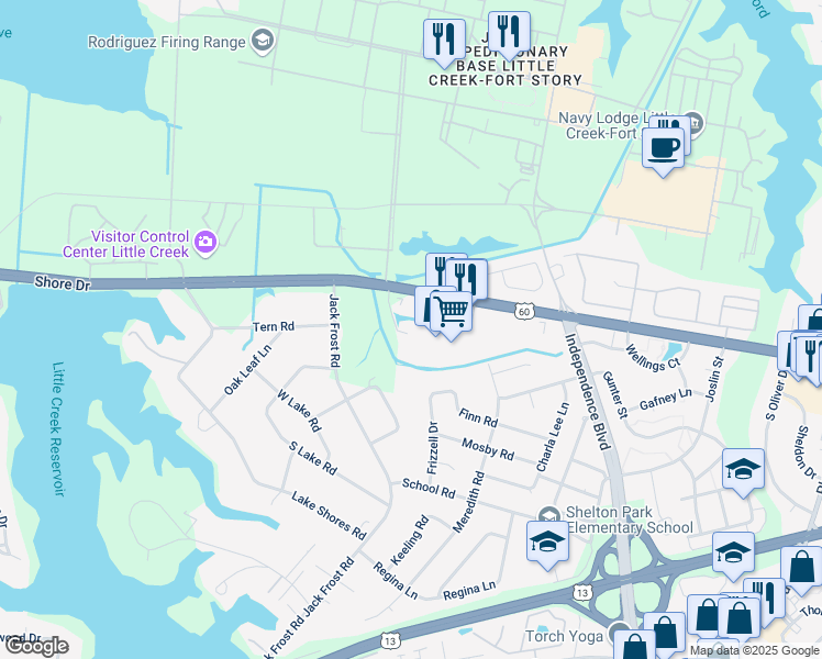 map of restaurants, bars, coffee shops, grocery stores, and more near Walkers Grant Lane in Virginia Beach