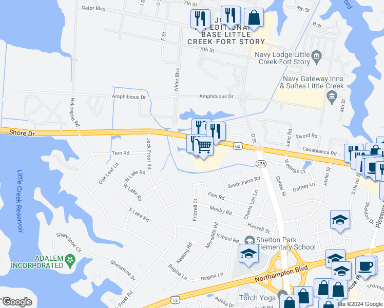 map of restaurants, bars, coffee shops, grocery stores, and more near 5116 Walkers Grant Lane in Virginia Beach