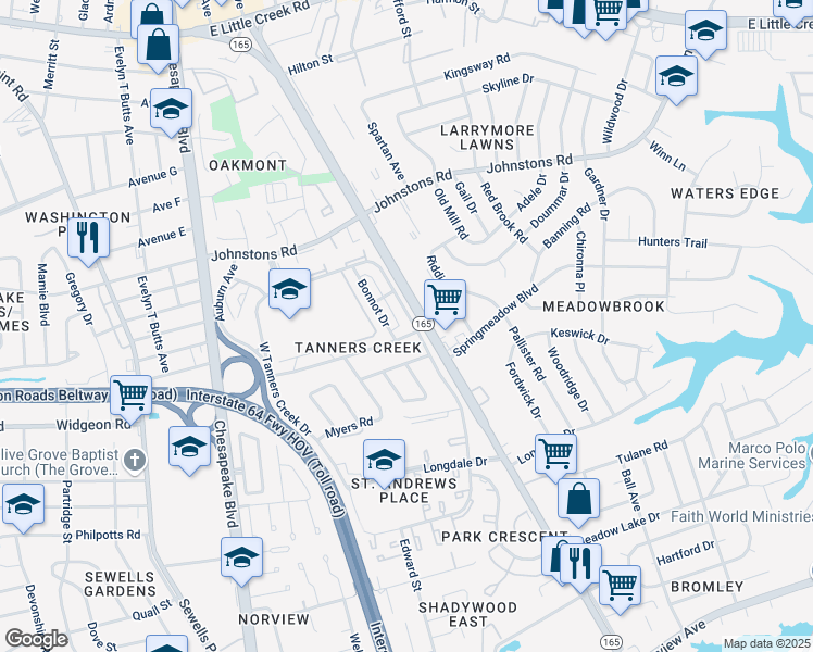 map of restaurants, bars, coffee shops, grocery stores, and more near 6926 Bonnot Drive in Norfolk