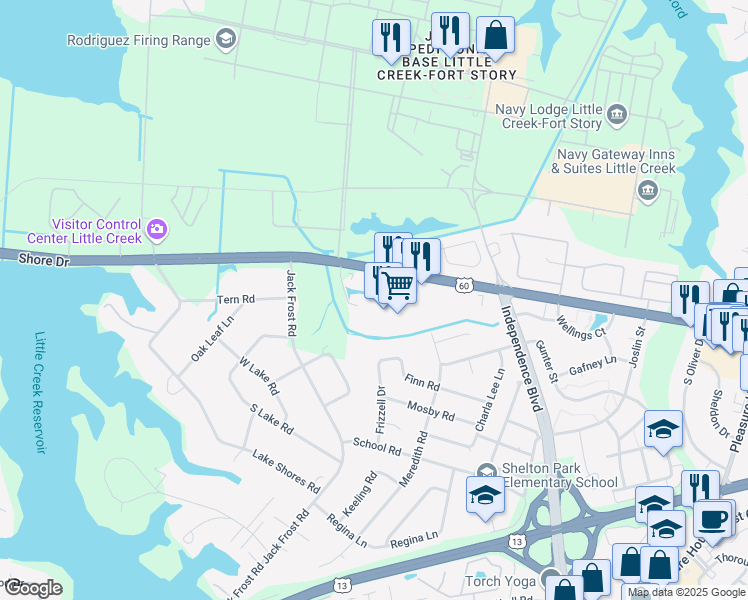 map of restaurants, bars, coffee shops, grocery stores, and more near 5136 Walkers Grant Lane in Virginia Beach