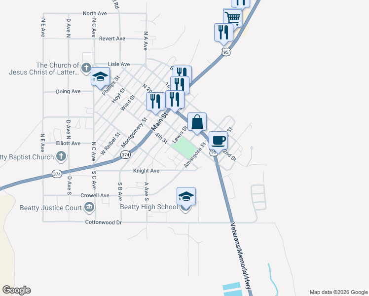 map of restaurants, bars, coffee shops, grocery stores, and more near 301 3rd Street in Beatty