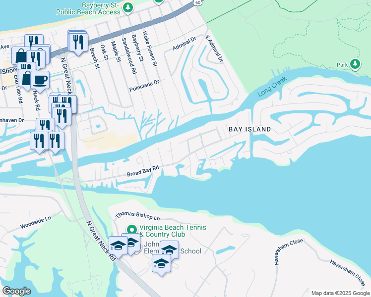 map of restaurants, bars, coffee shops, grocery stores, and more near 2029 Absalom Drive in Virginia Beach