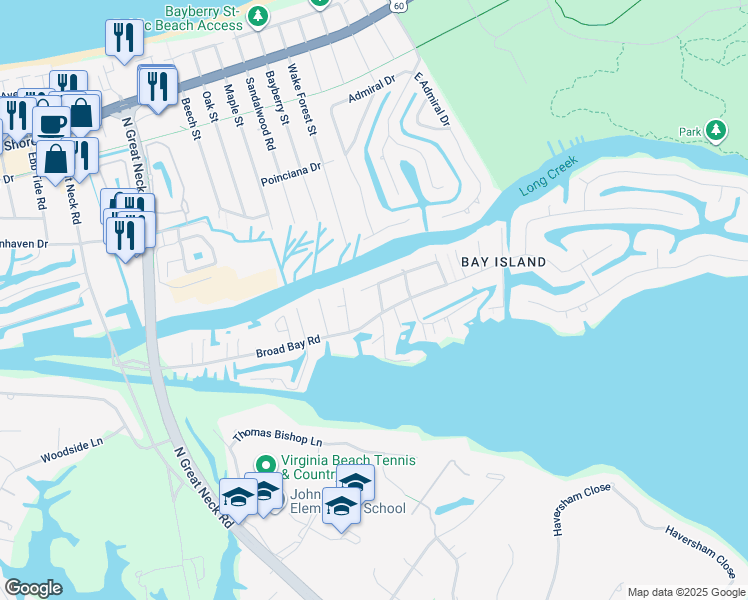map of restaurants, bars, coffee shops, grocery stores, and more near 2029 Absalom Drive in Virginia Beach