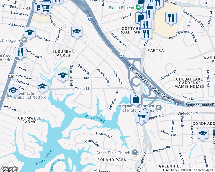 map of restaurants, bars, coffee shops, grocery stores, and more near 554 Thole Street in Norfolk