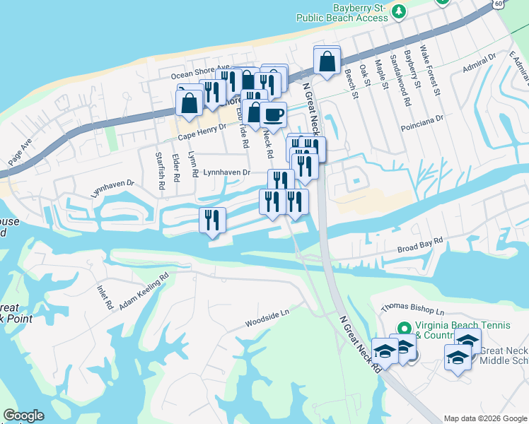 map of restaurants, bars, coffee shops, grocery stores, and more near 2905 Breezy Road in Virginia Beach
