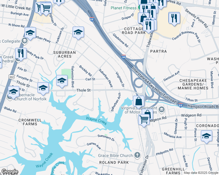map of restaurants, bars, coffee shops, grocery stores, and more near 554 Thole Street in Norfolk