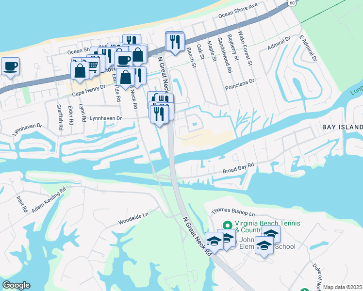 map of restaurants, bars, coffee shops, grocery stores, and more near 2100 Marina Shores Drive in Virginia Beach